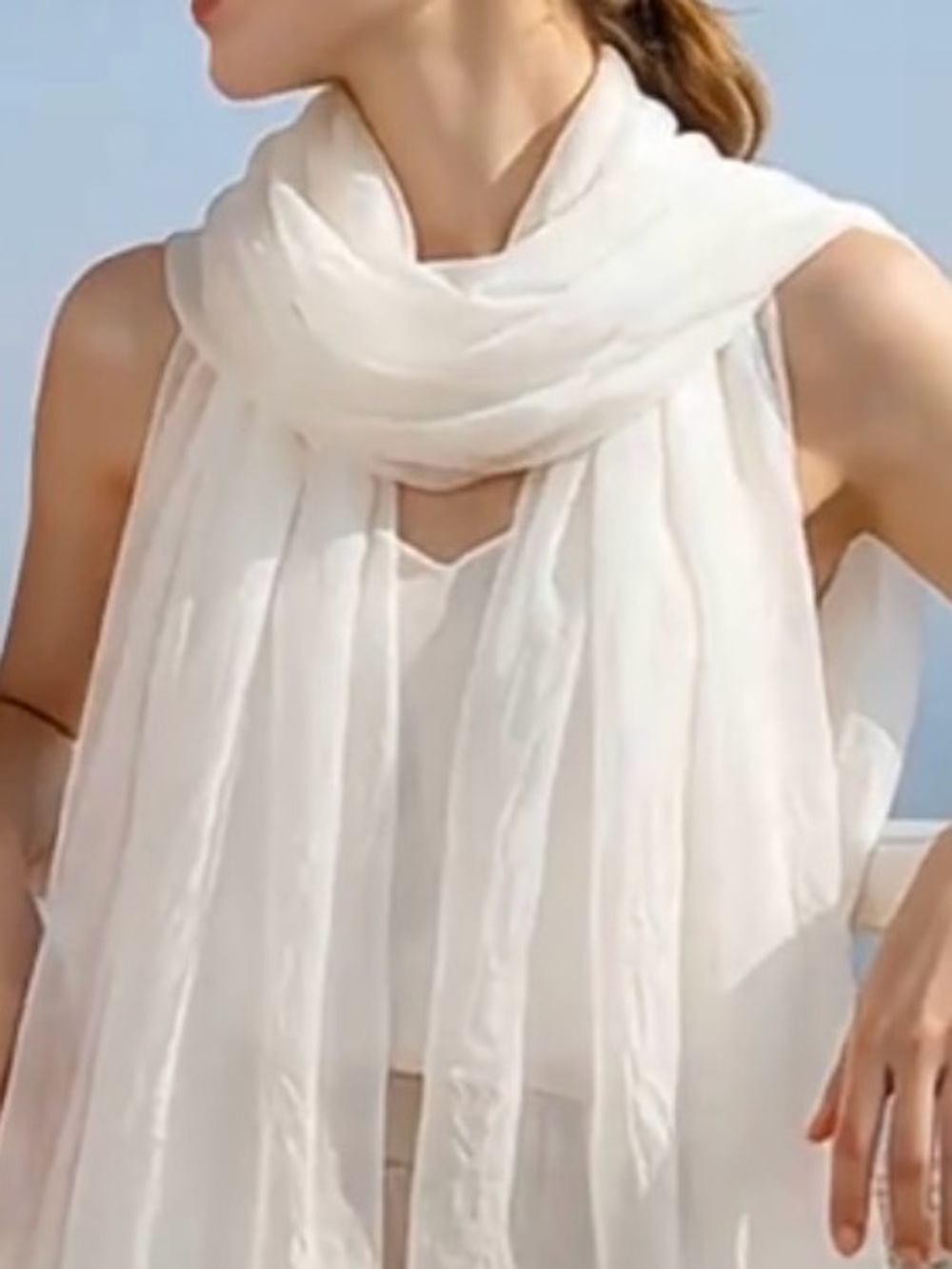 Elegant White Lightweight Women's Silk Scarf - Classic Draped Wrap